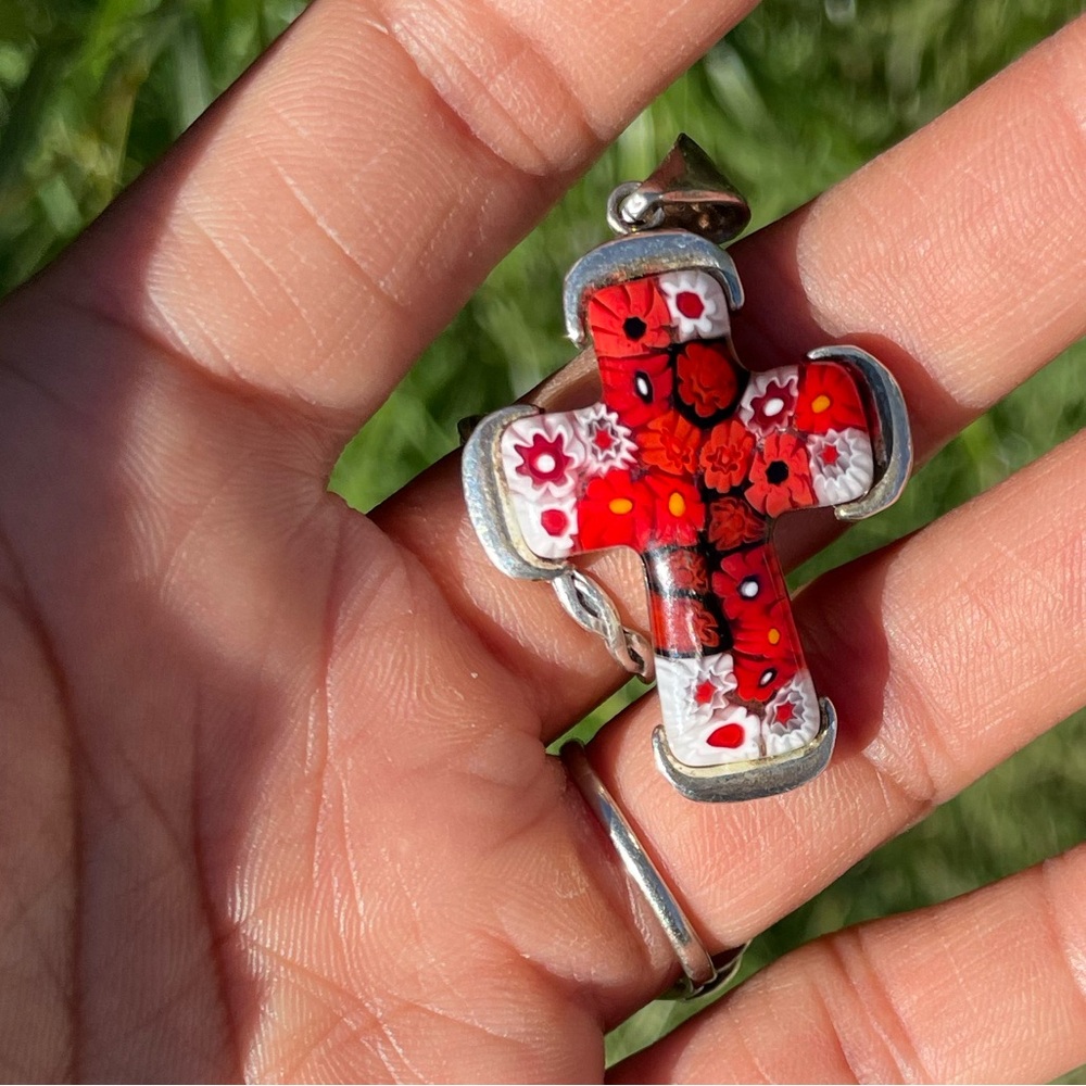 Handmade in Murano, Italy Millefiori glass cross 925 sterling silver pendant - Picture 12 of 16